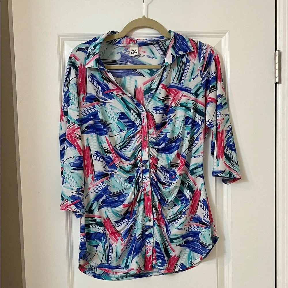 Sew In Love Multicolor Abstract Ruched Blouse - Picture 1 of 8